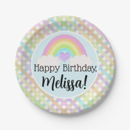 Pastel Watercolor Rainbow Gingham Happy Birthday Pappteller