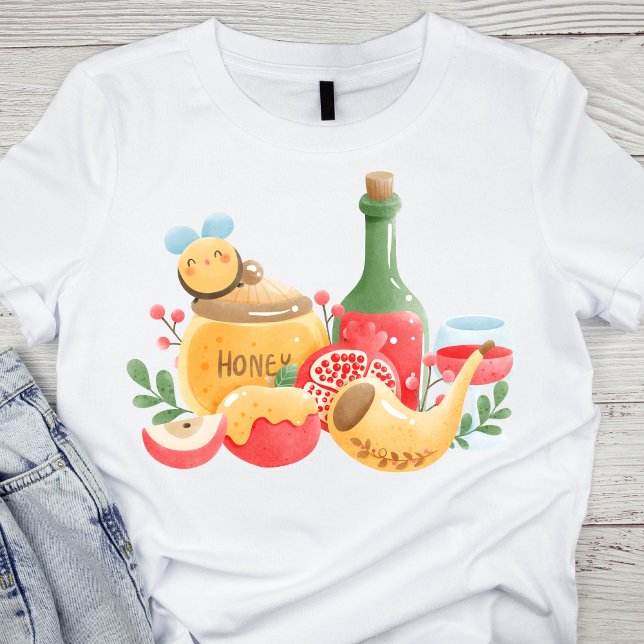 Pastel Watercolor Rosh Hashanah Symbole T-Shirt (Von Creator hochgeladen)