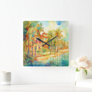 PASTEL WATERCOLOR SEESIDE HAUS AM STRAND QUADRATISCHE WANDUHR