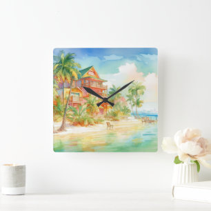 PASTEL WATERCOLOR SEESIDE HAUS AM STRAND QUADRATISCHE WANDUHR