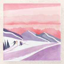 Pastel Watercolor Ski Mountain Sunset