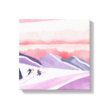 Pastel Watercolor Ski Mountain Sunset