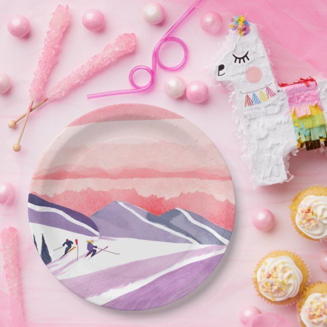 Pastel Watercolor Ski Mountain Sunset Pappteller (Party)