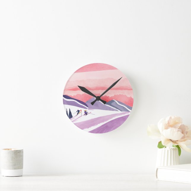 Pastel Watercolor Ski Mountain Sunset Runde Wanduhr (Zuhause)