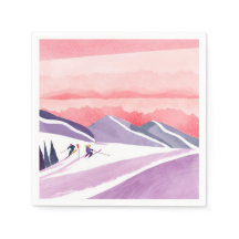 Pastel Watercolor Ski Mountain Sunset