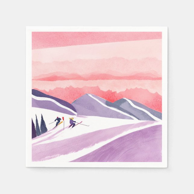 Pastel Watercolor Ski Mountain Sunset Serviette (Vorderseite)