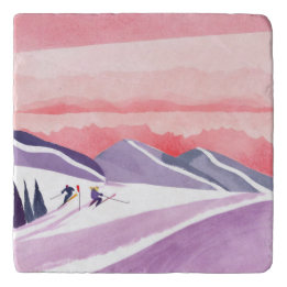 Pastel Watercolor Ski Mountain Sunset Töpfeuntersetzer