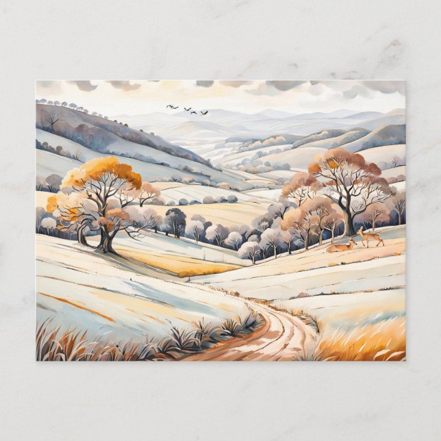 Pastel Watercolor Sonnige Winterlandschaft Postkarte (Vorderseite)