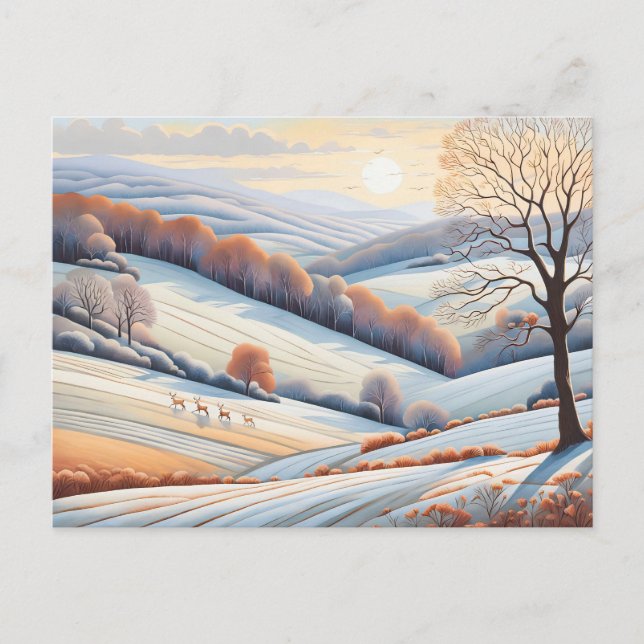 Pastel Watercolor Sonnige Winterlandschaft Postkarte (Vorderseite)
