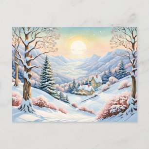 Pastel Watercolor Sonnige Winterlandschaft Postkarte