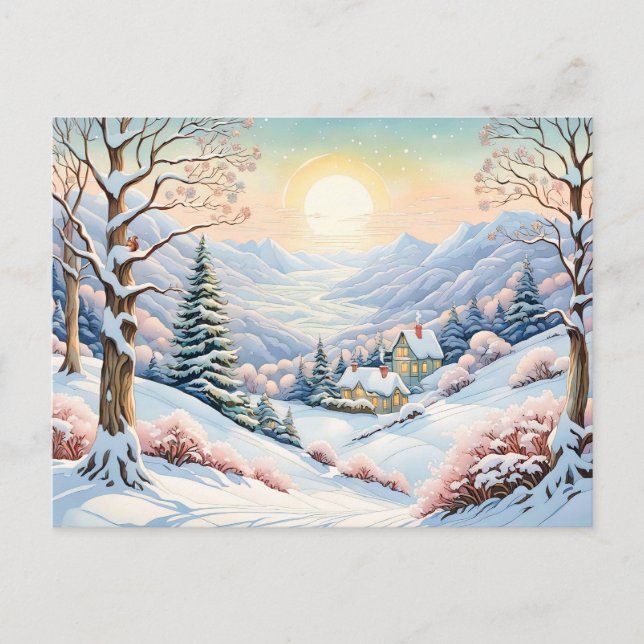Pastel Watercolor Sonnige Winterlandschaft Postkarte (Vorderseite)