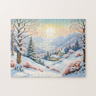Pastel Watercolor Sonnige Winterlandschaft Puzzle