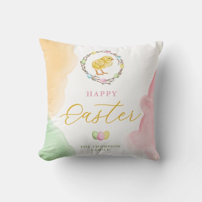 Pastel Watercolor Splashes And Chick Happy Easter Kissen (Vorderseite)
