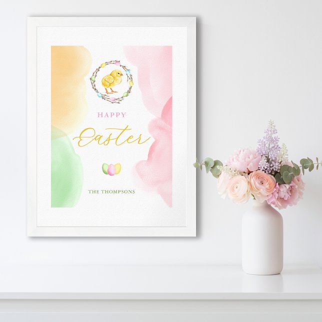 Pastel Watercolor Splashes And Chick Happy Easter Poster (Disclaimer: This image is a digital mockup.)