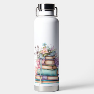 PASTEL WATERCOLOR STACK OF BÜCHER with BUTTERFLY Trinkflasche