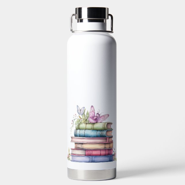 PASTEL WATERCOLOR STACK OF BÜCHER with BUTTERFLY Trinkflasche (Rückseite)