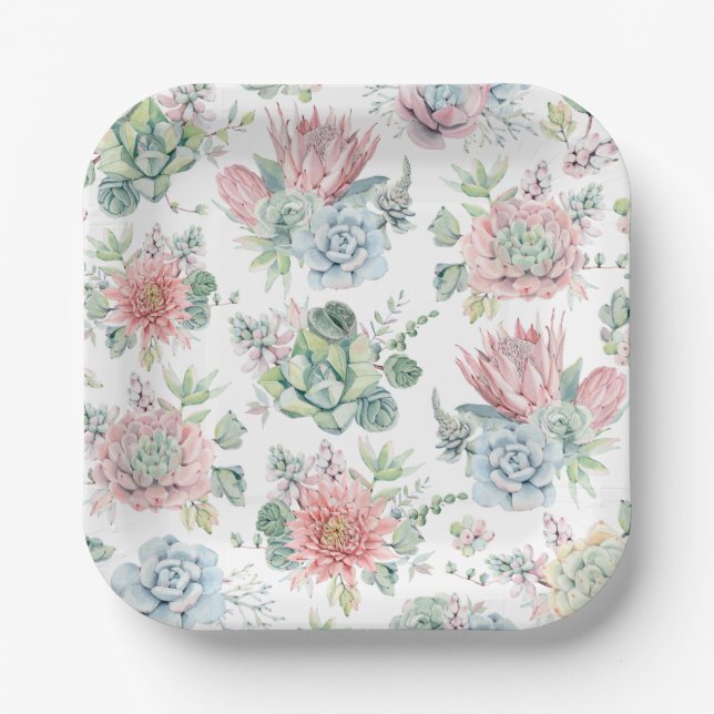 Pastel Watercolor Succulent and Cactus Pattern Pappteller (Vorderseite)