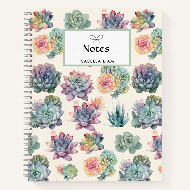 Pastel Watercolor Succulents Muster Boho Custom Notizbuch (Vorderseite)