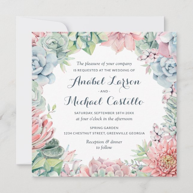 Pastel Watercolor Succulents Wedding Einladung (Vorderseite)