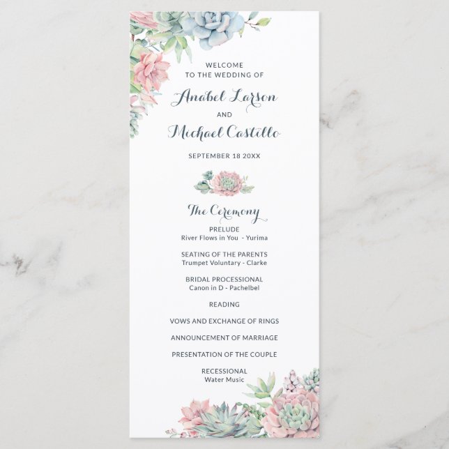 Pastel Watercolor Succulents Wedding Program Programm (Vorderseite)