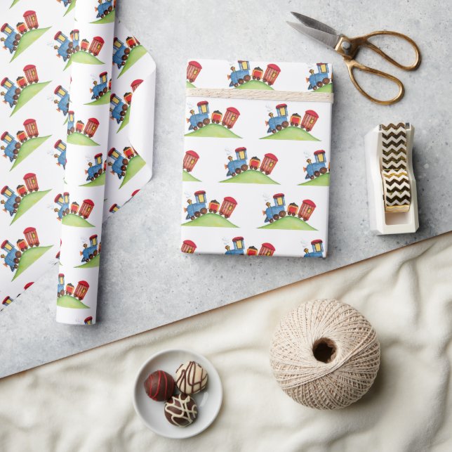 Pastel Watercolor Train Red Blue Birthday Party Geschenkpapier (Kunsthandwerk)