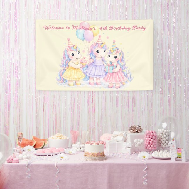 Pastel Watercolor Unicorn Girls Birthday Banner (Party)