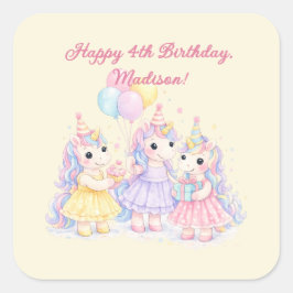 Pastel Watercolor Unicorn Girls Birthday Quadratischer Aufkleber