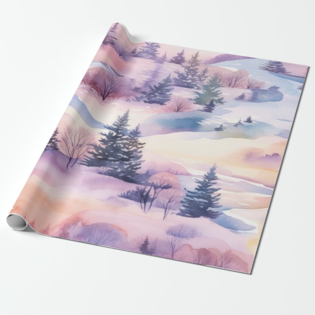 Pastel Watercolor Winterwaldmuster Geschenkpapier (Ungerollt)