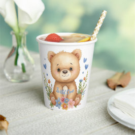 Pastel Watercolor Woodland Bear Blue Hearts Flower Pappbecher