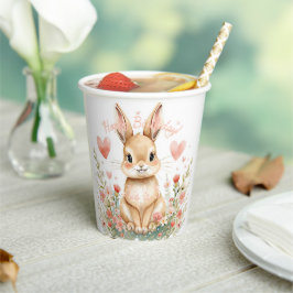 Pastel Watercolor Woodland Bunny Pink Hearts Flowe Pappbecher