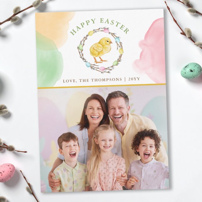 Pastel Watercolor Wreath And Chick Easter Photo Karte (Von Creator hochgeladen)