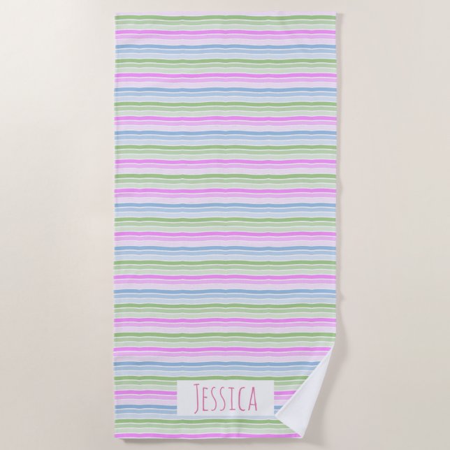 Pastel Wavy Streifen Moderne Personalisiert Strandtuch (Vorderseite)