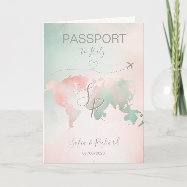 Pastel Wedding Destination Passport Weltkarte Invi Einladung (Vorderseite)