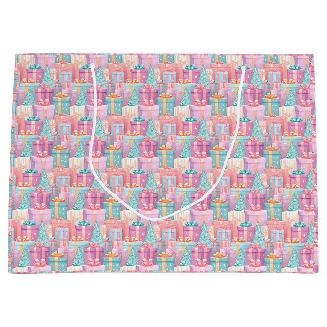 Pastel Weihnachtsgeschenke und Baumpapier Große Geschenktüte (Vorderseite)