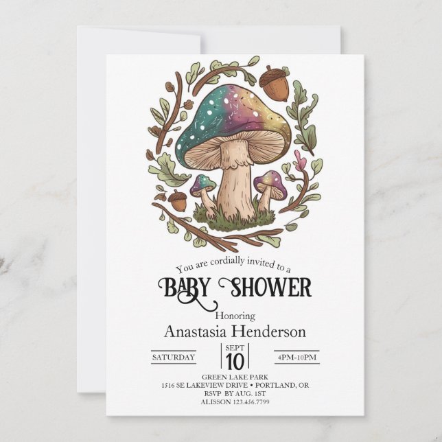 Pastel Whimsical Mushroom Baby Dusche Digital Einladung (Vorderseite)