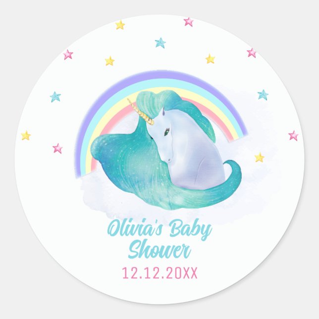 Pastel Whimsical Star Unicorn Rainbow Baby Dusche Runder Aufkleber (Vorderseite)