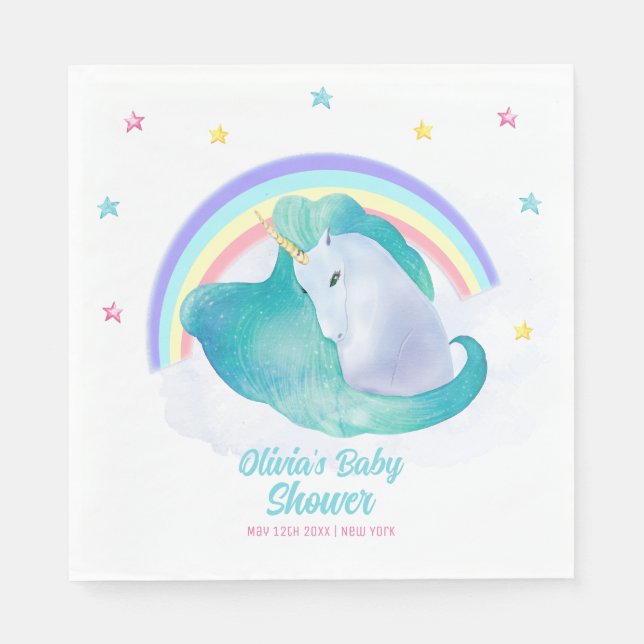 Pastel Whimsical Star Unicorn Rainbow Baby Dusche Serviette (Vorderseite)