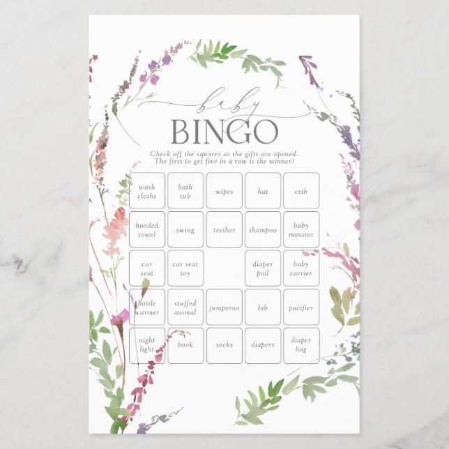 Pastel Wildblume Babydusche Bingo Game Flyer (Vorne)