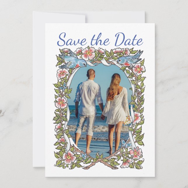 Pastel Wildblume Floral Bird Foto Hochzeit Save The Date (Vorderseite)