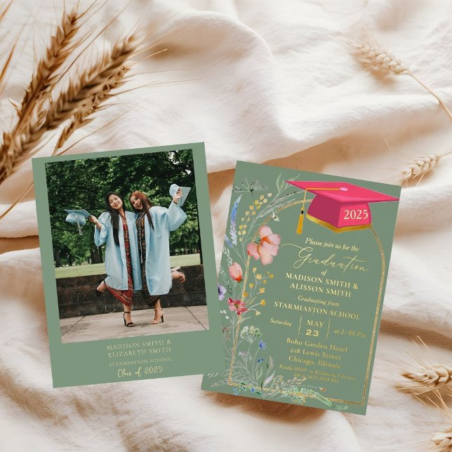 Pastel Wildblume Garden Twin Graduation Party Folieneinladung (Von Creator hochgeladen)