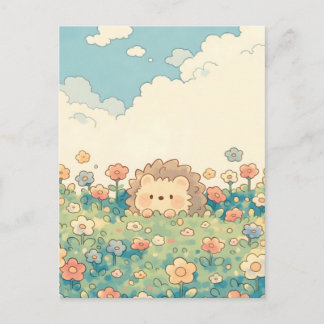 Pastel Wildflower Meadow Kawaii Hedgehog Postkarte