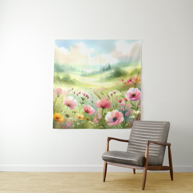 Pastel Wildflower Meadow Landscape Wandteppich (Beispiel)