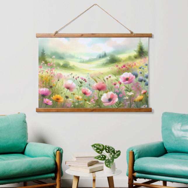 Pastel Wildflower Meadow Landscape Wandteppich Mit Holzrahmen (Wohnzimmer)