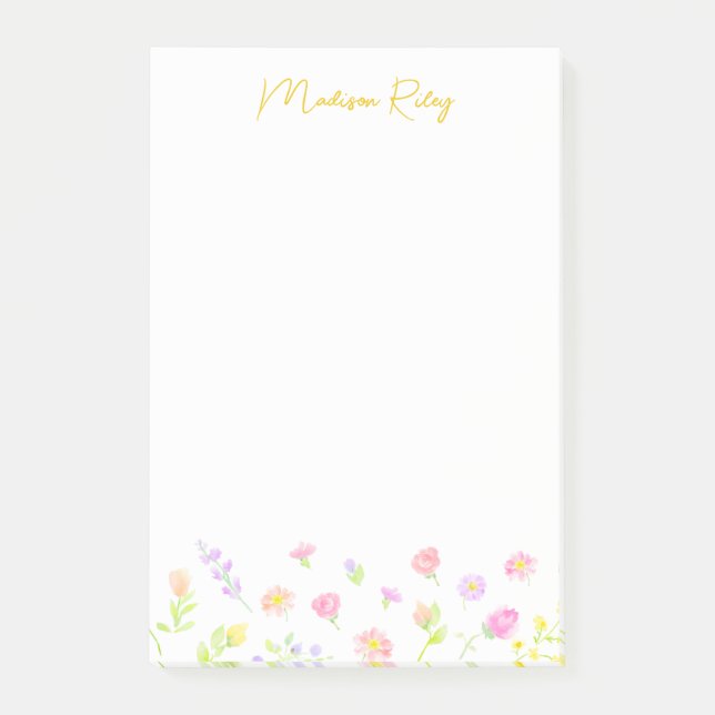Pastel Wildflower Personalized Gold Post-It Notes Klebezettel (Vorderseite)