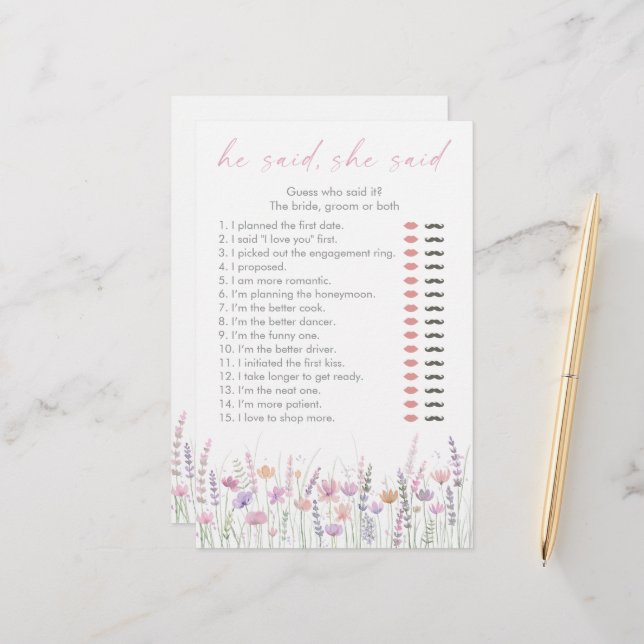 Pastel Wildflowers He Said She Said Bridal Game (Vorderseite/Rückseite Beispiel)