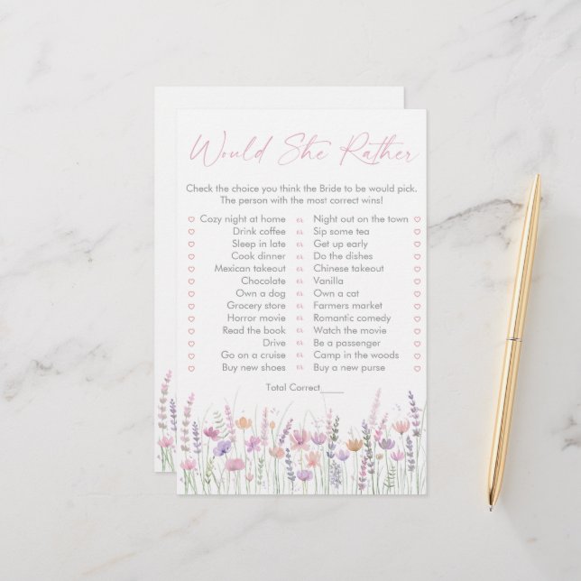 Pastel Wildflowers Would She Rather Bridal Game (Vorderseite/Rückseite Beispiel)