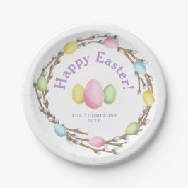 Pastel Willow Wreath Colorful Happy Easter Pappteller