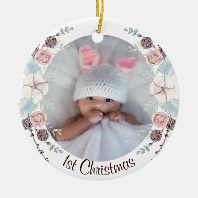 Pastel Winter Floral Babys Erste Weihnachten Keramik Ornament (Vorne)