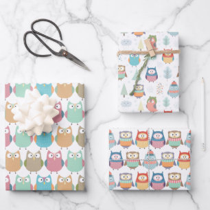 Pastel Winter Owls Umhüllungspapierblätter Geschenkpapier Set