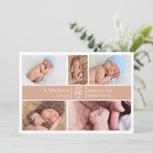 Pastel Wood Photo Collage Baby Announcement Card Einladung (Stehend Vorderseite)